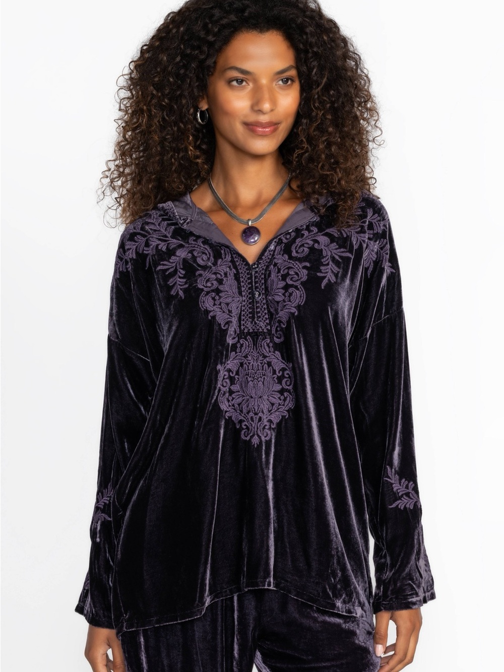 Johnny Was Eggplant/Deep Purple Velvet Hoodie with Embroidery
